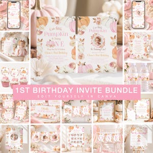 Pink Pumpkin Birthday Bundle Editable Fall Invitation First Birthday Girl Boho Pumpkin Invite Printable Canva Birthday Digital Template PM1