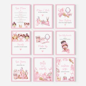 May include: Nine framed spa-themed prints with pink borders. The prints feature watercolor illustrations of spa items, spa services, and spa-goers. Text includes "Spa Menu", "Mani/Pedi", "Facials", "Make Up", "Spa Favors", "Hair Styling", "Spa Refreshments", "Gifts and Cards", and "Custom Sign".