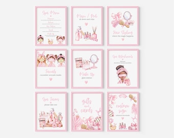 Editable Spa Party Signs Bundle Pink Pamper Party Table Signs Set Girls Spa Birthday Signs Template Glamor Party Sign Set Canva SP3