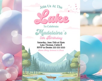 Girl's Lake Birthday Party Invitation Girl's Pink Boat Lake Birthday Party Summer Lake Water Party Join Us At The Lake Party Invite L4B