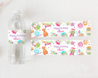 Modèle imprimable d'étiquettes de bouteilles d'eau Sweet Shoppe, emballages de bouteilles d'eau de bonbons sucrés modifiables, emballages de bouteilles d'eau de fête de bonbons Canva SW1