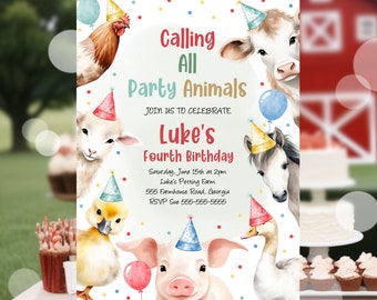 Editable Farm Animals Birthday Invitation Boy's Farm Barnyard First Birthday Party Animals Confetti Download Corjl Template Printable FA3