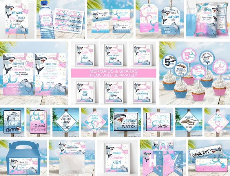 May include: A set of printable party decorations for a mermaid and shark themed birthday party. The set includes invitations, cupcake toppers, welcome signs, food labels, and a banner. The colors are pink, blue, and green.