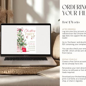 Instructional mockup showing how to order and personalize the editable Christmas party invitation. Displayed on a laptop with the design open on screen, surrounded by neutral home décor. Perfect for customers looking to edit online, download instantly, and print from home or through Prints of Love.