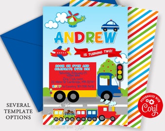 EDITABLE Transportation Invitations, Transportation Birthday Party Invitations, Cars Trucks Plane Train Invitations, Transportation Party T1