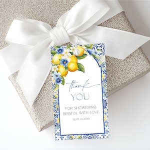 Blue Tiles Lemon Bridal Shower Favor Tags Italian Positano Bridal Shower Favors, Mediterranean Amalfi Coast Thank You Favor Tag Template MT2