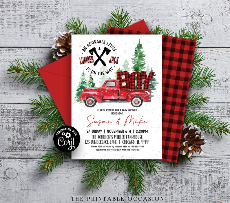 EDITABLE Lumberjack Baby Shower Invitation, Lumberjack Buffalo Plaid Rustic Red Truck Instant Download Printable Template Digital Corjl LJ 