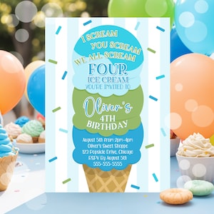 Editable Ice Cream Birthday Invitation I scream You Scream We All Scream Four Ice Cream 4th Birthday Party Invite Instant Download PS1