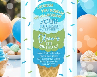 Editable Ice Cream Birthday Invitation I scream You Scream We All Scream Four Ice Cream 4th Birthday Party Invite Instant Download PS1