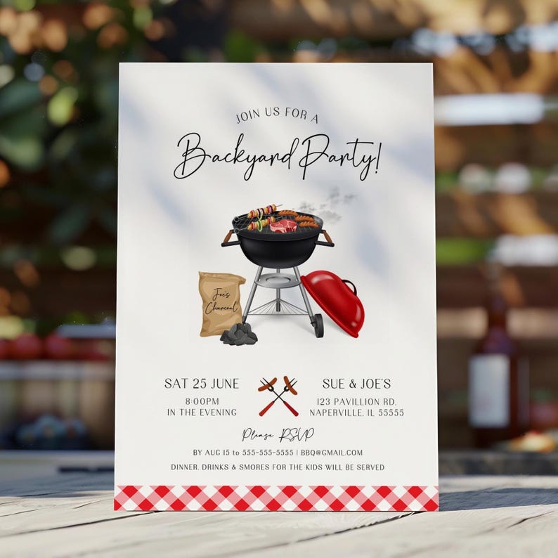 Backyard BBQ birthday invitation with a grill, charcoal bag, and red lid artwork styled with a red gingham border. Displayed in an outdoor garden setting, this template instantly sets the mood for a relaxed barbecue or cookout party. The listing comes with a matching evite for digital use. Moms searching Etsy for outdoor party invitations will love this editable and printable design.
