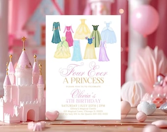 May include: A pink and white castle with a gold star on top sits next to a party invitation. The invitation features watercolor illustrations of princess dresses and the text "Four Ever A Princess" for Olivia's 4th birthday.