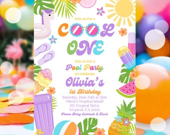 EDITABLE Cool One Birthday Party Invitation Tropical Splish Splash Summer Girly 1st Birthday Party Pool Party Birthday Instant Download P7