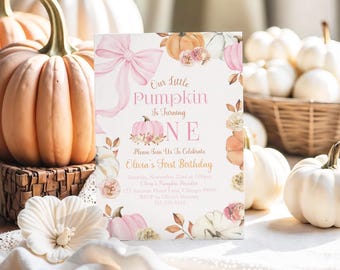 Our Little Pumpkin First Birthday Invitation Girl Coquette Pink Bow and Pumpkins Fall Birthday Invite Pink Pumpkin Editable Invite Canva PM1