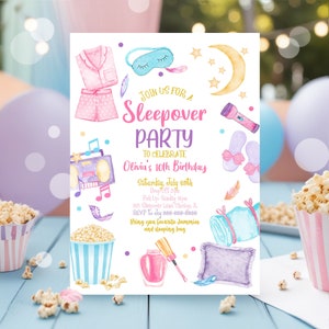 Editable Slumber Party Birthday Invitation Sleepover Birthday Invite Pink Girl Spa Tween Teen Digital Download Printable Template Corjl SO1