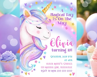 Modèle d'invitation de 4e anniversaire licorne, invitation magique à une fête d'arc-en-ciel, téléchargement immédiat, motif pastel, quatre toiles modifiables magiques jamais créées, UN1