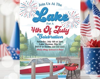 Modèle d'invitation au bord du lac le 4 juillet modifiable Invitation du 4 juillet imprimable Invitation fête de la plage au bord du lac Canva P1