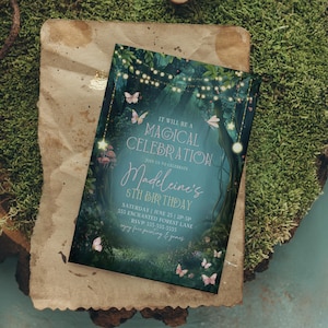 The enchanted forest birthday invitation is styled on rustic parchment with moss and wood accents, creating a fairy tale look. Perfect for woodland birthday parties, this magical fairy garden invite captures butterflies, glowing lights, and enchanted details. This enchanted birthday party invitation is editable in Canva for easy personalization.