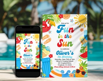 Editable Pool Party Birthday Invitation Boy Fun in the Sun Invite Tropical Summer Birthday Splish Splash Kids Party Template P9A