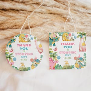 Girl Pastel Dinosaur Favor Tags Pink Round Square Dino Birthday Favor Tags Editable Cute Dino Baby Shower Gift Tags Dino Party Favors D3