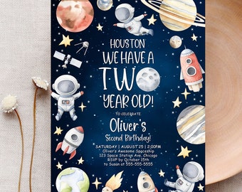 Houston We Have A Two Year Old Outer Space Birthday Invitation Template Second Birthday Space Invitation Birthday Party Invitation Corjl SP1