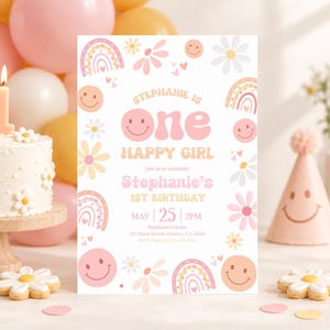 Groovy 1st Birthday Invitation One Happy Girl Birthday Invite Daisy Smiley Face Boho Rainbow Editable Canva Template Digital Download GR1