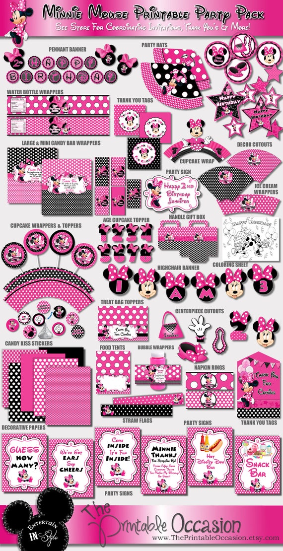 SAME DAY SVC Minnie Mouse Party Decorations, Minnie Birthday Decorations, Printable Minnie Mouse Party Supplies, Pink and Black Polka Dot Il_570xn