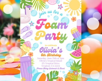 EDITABLE Foam Birthday Party Invitation Tropical Pool Foam Girly Pool Party Invite Summer Splash Pad Party Instant Download P7