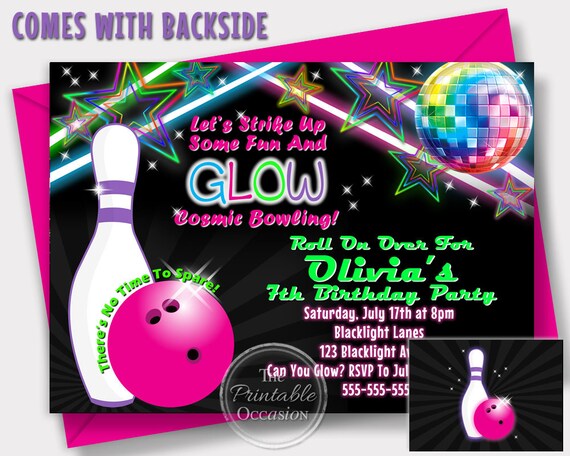 SAME DAY SVC Girl's Glow Bowling Invitations, Bowling Birthday Party ...