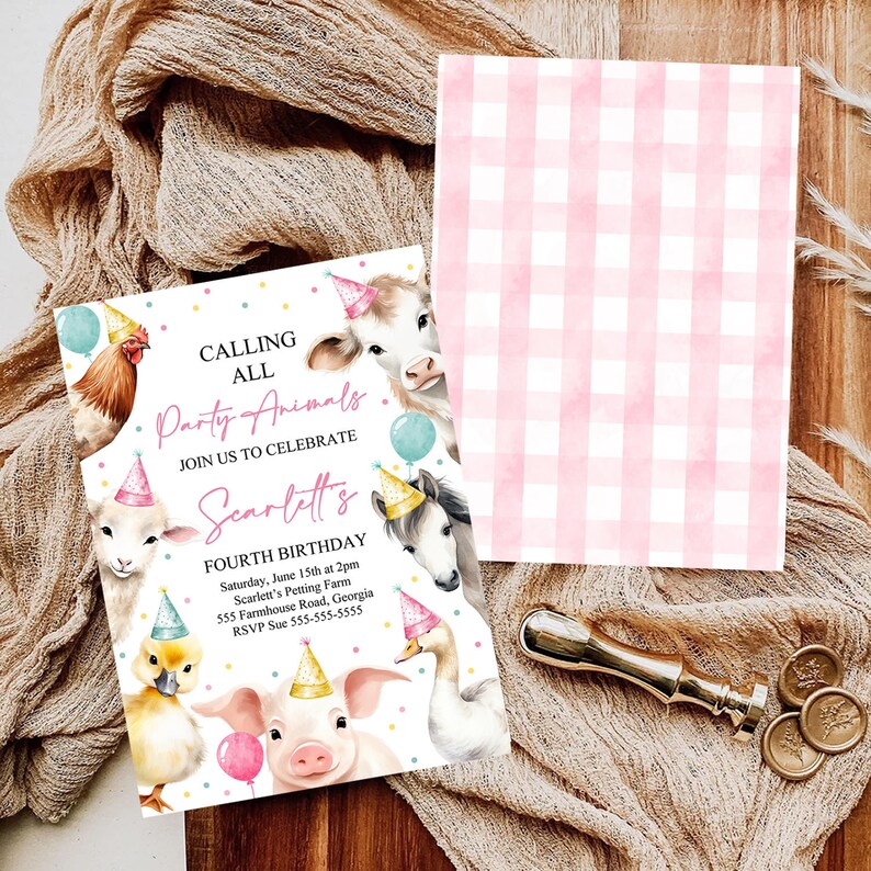 Editable Calling All Party Animals Farm Girl Birthday Invitation Pink Farm Birthday Party Invite Farm Animals Birthday Invitation Canva