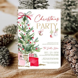 Editable Christmas party invitation featuring a watercolor Christmas tree with red and pink bows, gifts, and ornaments. The design reads “Christmas Party” in elegant red and gold fonts with editable text fields for your event details. Shown printed on textured cardstock surrounded by pinecones, frosted evergreens, and warm holiday décor for a cozy festive look.