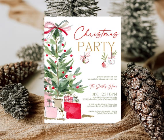 Editable Christmas Party Invitation Red Bow Holiday Gathering Invite Coquette Watercolor Christmas Tree Template Winter Holiday CH1