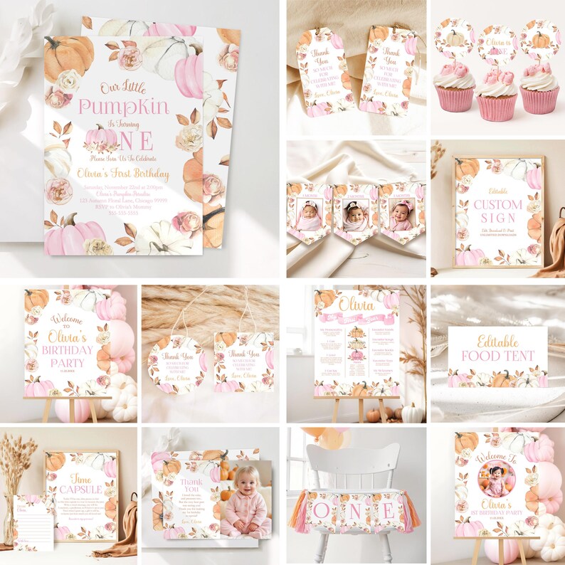 Editable pink and orange pumpkin first birthday party bundle featuring invitations banners thank you tags cupcake toppers food tent cards milestone board and custom signs with watercolor pumpkins florals and fall leaves styled in a cohesive collection displayed on a white background for a complete autumn first birthday celebration set
