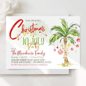 Tropical Christmas Invitation Christmas In July Invitation Tropical Christmas Party Printable Holiday Invitation Palm Tree Beach Corjl TC1