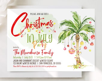 Tropical Christmas Invitation Christmas In July Invitation Tropical Christmas Party Printable Holiday Invitation Palm Tree Beach Corjl TC1