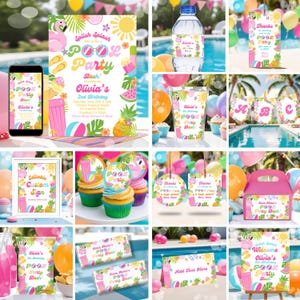Editable Girls Pool Party Invitation Bundle Birthday Party Invite Bundle Girl Pool Party Decorations Tropical Summer Party Invite Bundle P5