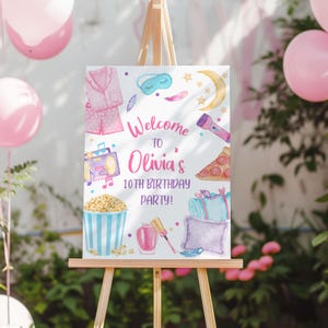 Editable Pizza Sleepover Birthday Welcome Sign Slumber Party Poster Pajamas Movie Night Pizza Sleepover Party Welcome Sign Template SO1