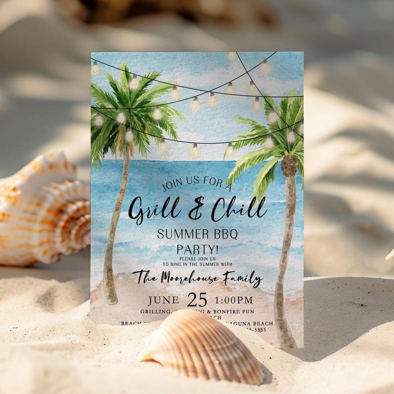 Editable Beach Party Invitation Grill and Chill Invitation Summer BBQ Party Tropical Beach Cookout Template Printable Ocean Party Invite BE1 image 4