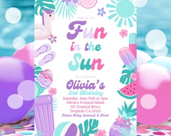 EDITABLE Fun In The Sun Birthday Party Invitation Tropical Summer Splish Splash Girly Pool Birthday Party Instant Download P6