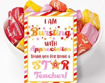 Thanks For Being A Star Teacher Bursting With Appreciation Printable Gift Tags, School Staff PTO PTA Office Employees  Teachers Faculty TA1