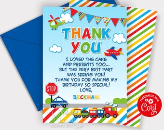 EDITABLE Transportation Thank You Card, Transportation Birthday, Cars Trucks Planes Thank You Transportation Party Instant Download T1