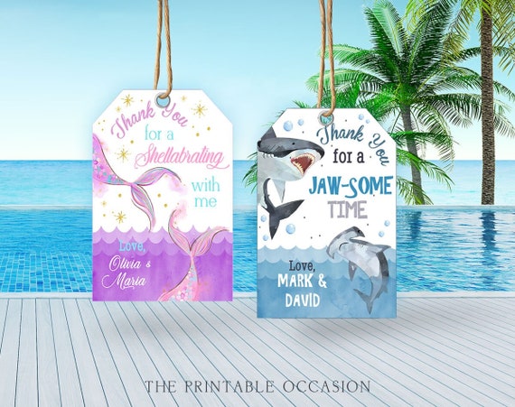 EDITABLE Sharks and Mermaids Birthday Favor Tags, Printable Shark and Mermaid Gift Tags, Sharks Mermaids Pool Party Gift Tag Gift Tags SH1 Il_570xn