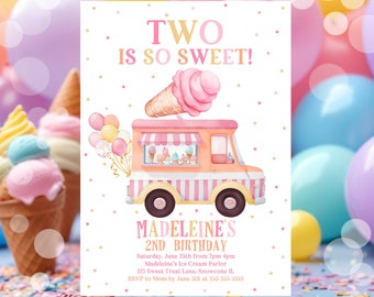 Editable Ice Cream Truck Birthday Invitation Ice Cream Two Is So Sweet 2nd Birthday Party Ice Cream Truck 2nd Birthday Instant Download C3A