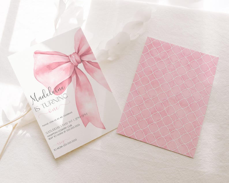 Pink Bow 1st Birthday Invitation Girl First Birthday Template Printable Pink Coquette Bow Invitation 1st Birthday Girl Invite Bow Invite