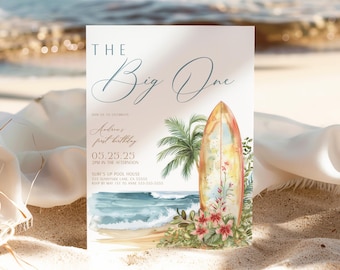 The Big One First Birthday Invitation Surf Theme Editable Beach Party Invite Boy 1st Birthday Summer Pool Party Ocean Surfing Birthday S2
