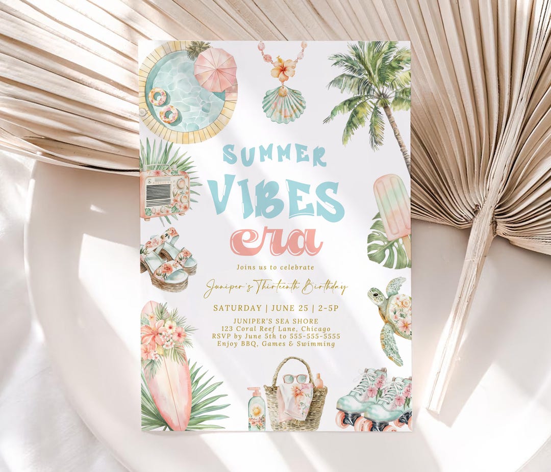 Summer Invite Editable Summer Vibes Birthday Invitation Teen Pool Party Invite Boho ...
