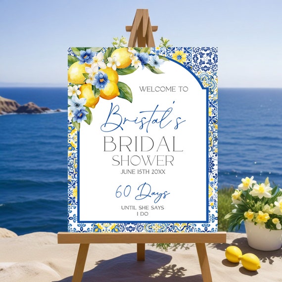 Editable Mediterranean Bridal Shower Welcome Sign Positano Blue Tile Amalfi Coast Arch Coastal Lemon Canva Digital Instant Download MT2