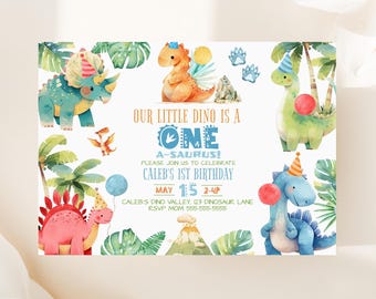 Editable Dinosaur 1st Birthday Invitation Template Dino First Birthday Party Printable Dinosaur One A Saurus Dino 1st Birthday Canva D2