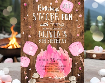 May include: A brown wooden invitation with a campfire scene and pink marshmallows. The text reads "Birthdays are S'more Fun with friends. Join us to celebrate Olivia's 8th Birthday. October 25, 5PM-7PM, Olivia's House, 123 Smores Lane, Chicago 99999, RSVP Mom by October 2nd, 555-555-5555."
