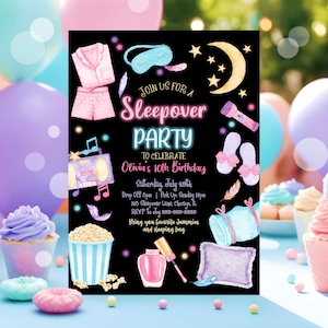 Editable Slumber Party Birthday Invitation Sleepover Birthday Invite Pink Girl Spa Tween Teen Digital Download Printable Template Corjl SO2