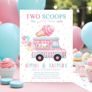 Editable Ice Cream Truck Twin Birthday Invitation Twin Ice Cream Birthday Invitation Two Scoops Are Better Than One Twin Instant Downloa C3D